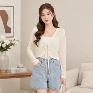 &Aacute;o kho&aacute;c cardigan m&agrave;u kem buộc d&acirc;y eo