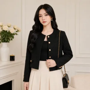&Aacute;o kho&aacute;c tweed nữ m&agrave;u đen phối n&uacute;t đồng