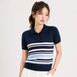 &Aacute;o len dệt kim xanh đen phối sọc cổ polo