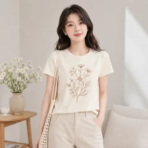 &Aacute;o thun nữ m&agrave;u kem in họa tiết hoa