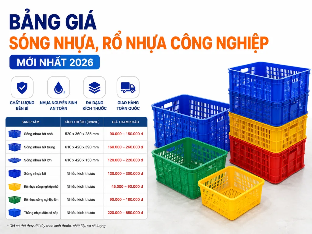 Bảng gi&aacute; s&oacute;ng nhựa, rổ nhựa c&ocirc;ng nghiệp mới nhất 2026